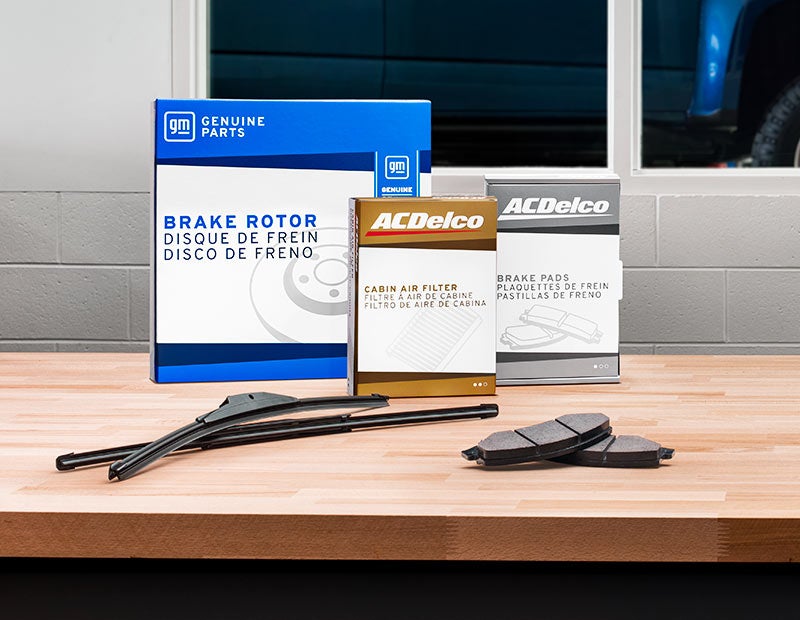 GM Genuine Parts brake rotor and ACDelco cabin air filter, brake pads, and wiper blade