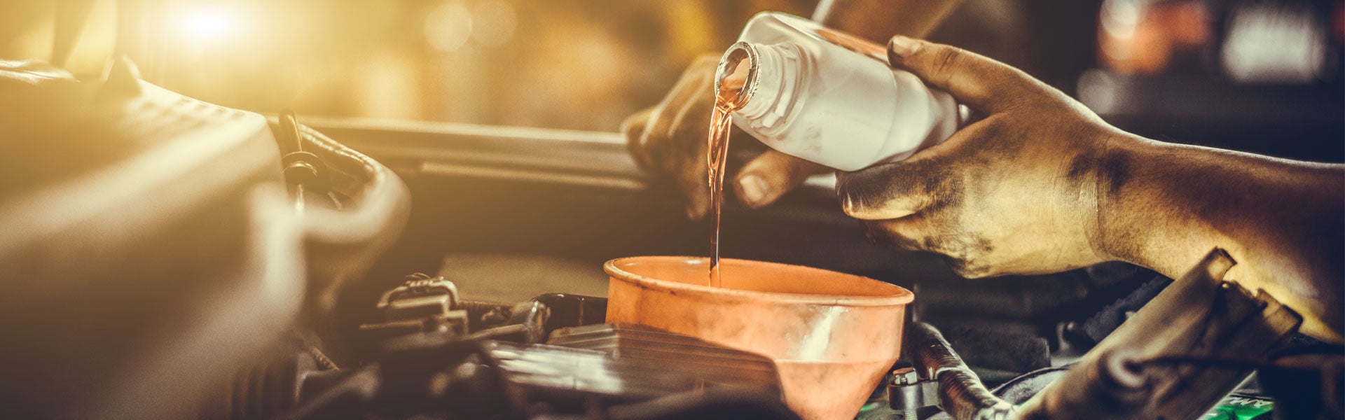 A technician adding motor oil during vehicle maintenance